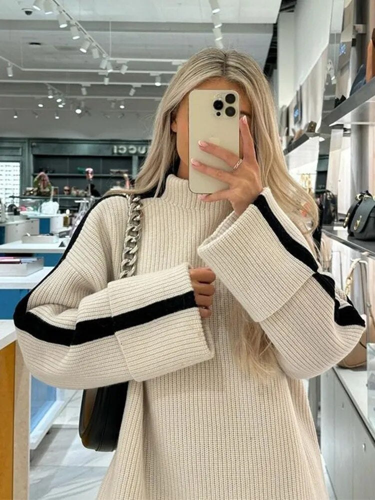 Fashion Patchwork Sweater For Women Autumn Loose Sleeve Knitted Pullover Female Elegant Lady Chic Knitwear