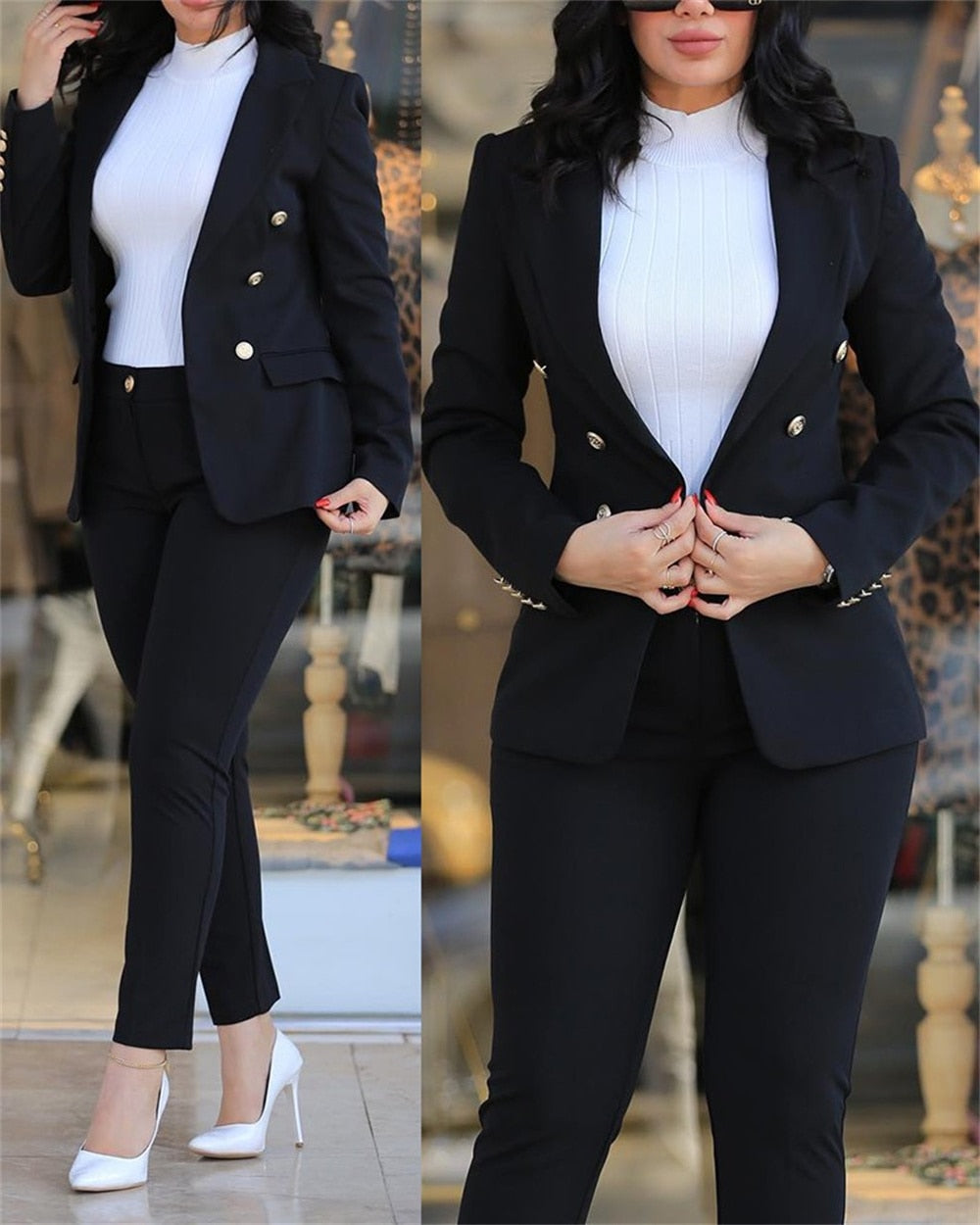 Women Formal Pant Set New Casual Double Breasted Blazers Jacket Pants 2 Piece Sets Elegant Office Ladies Business Sets