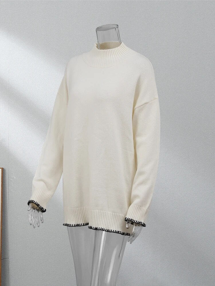 Autumn Women Patchwork Sweater Fashion Casual Long Sleeve Knitted Pullover Top Female Warm Knitwear