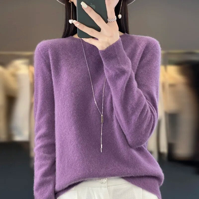 Autumn and winter new ladies 100% pure wool ready-to-wear O-neck warm classic solid color long-sleeved knit pullover