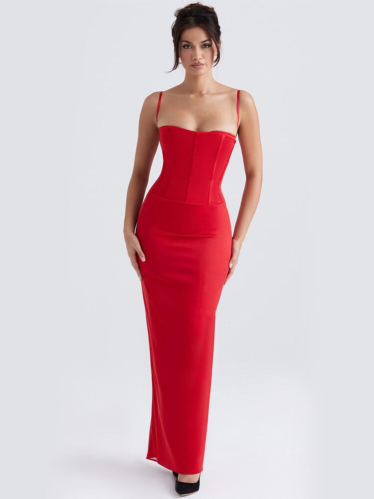 Elegant Spaghetti Strap Prom Dress Red Satin Bodycon Evening Party Dresses Backless Formal Occasion Dress