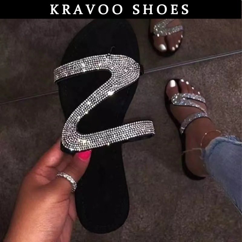 Women Shoes Z-shaped Rhinestone Beach Sandals Flip Flops Slippers Women Plus Size