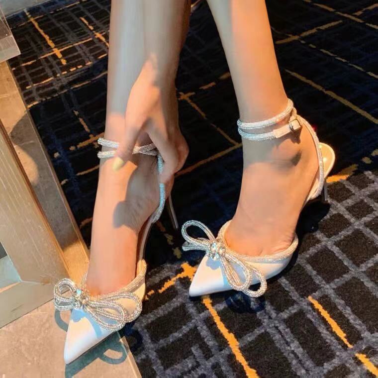 Fashion Women High Heel Rhinestone Woman Pump Crystal Bowknot Ankle Strap Ladies Shoes