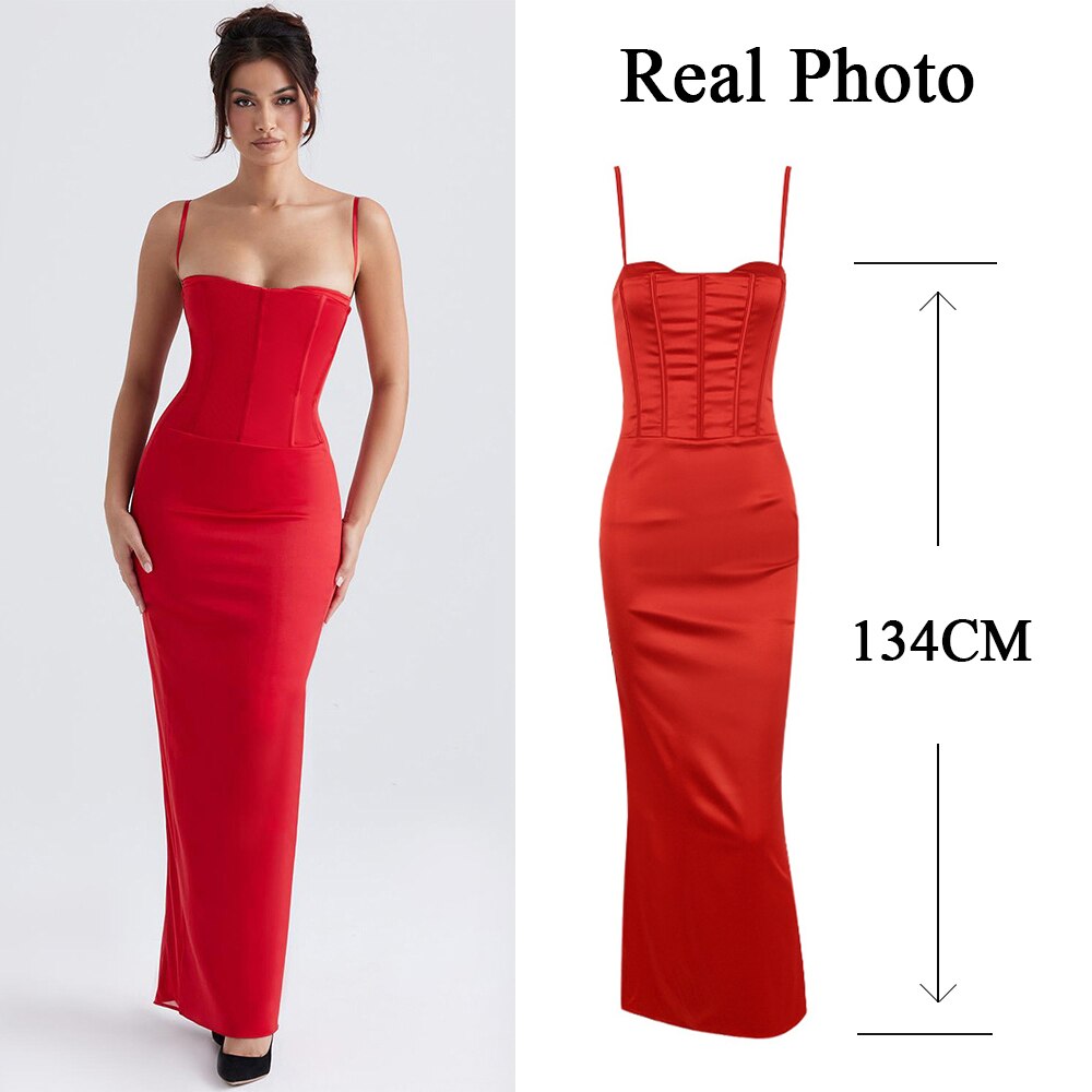 Elegant Spaghetti Strap Prom Dress Red Satin Bodycon Evening Party Dresses Backless Formal Occasion Dress