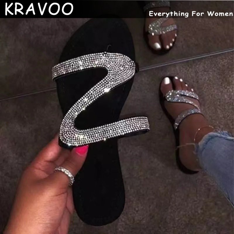 Women Shoes Z-shaped Rhinestone Beach Sandals Flip Flops Slippers Women Plus Size