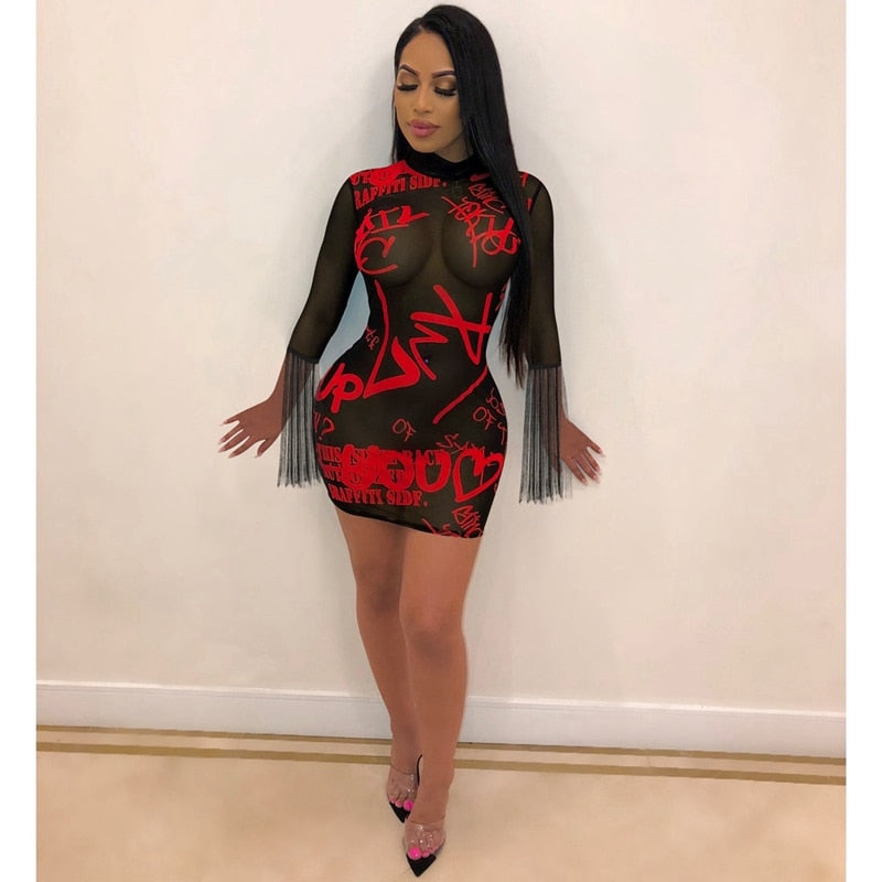 Night Club Party Sexy Dress Women Long Sleeve Tassel Letter Print Fashion Bodycon Dress Mini Black Mesh Sheer Dress