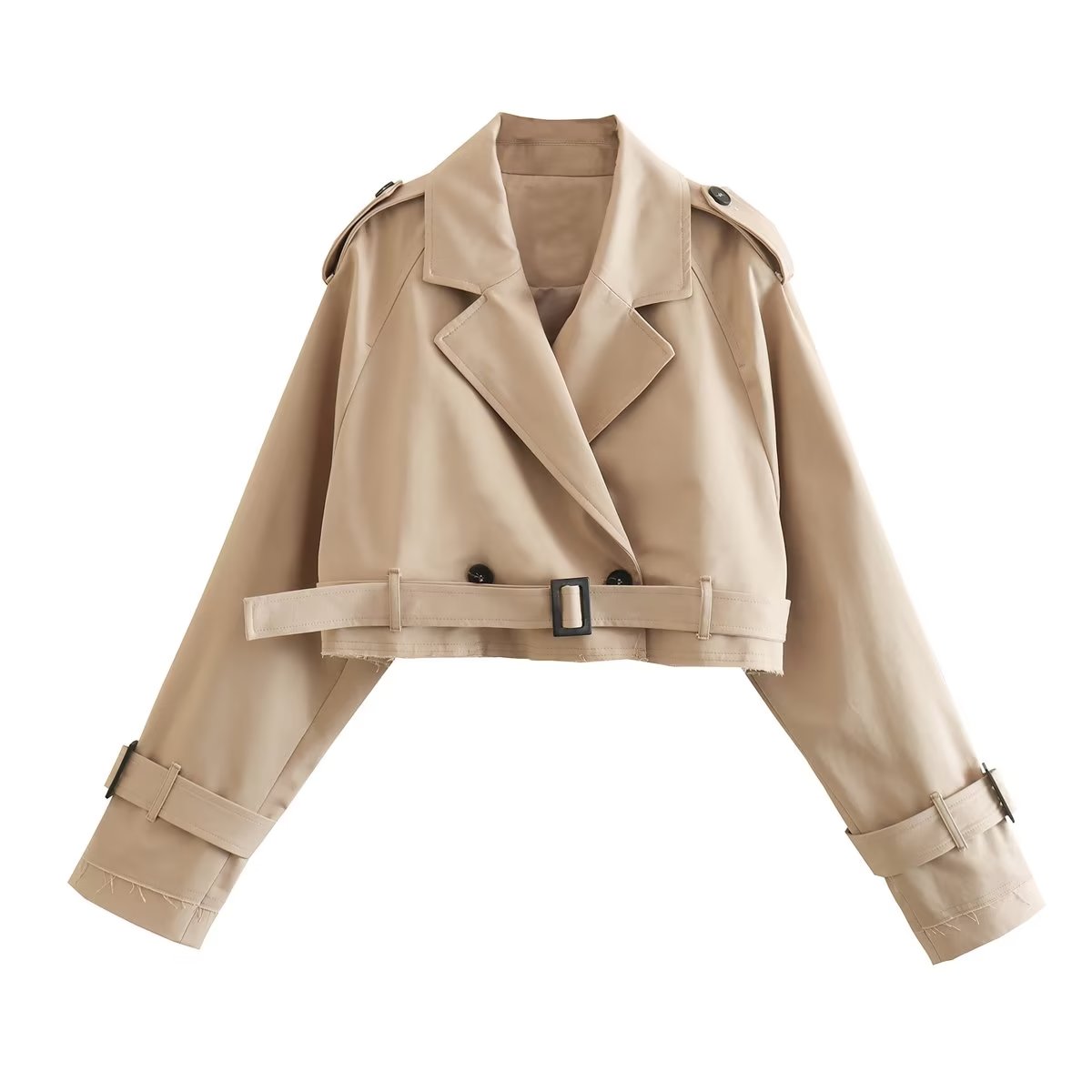 Khaki Cropped Trench Women Long Sleeves Cropped Design Jacket Chic Lady High Street Casual Loose Coats