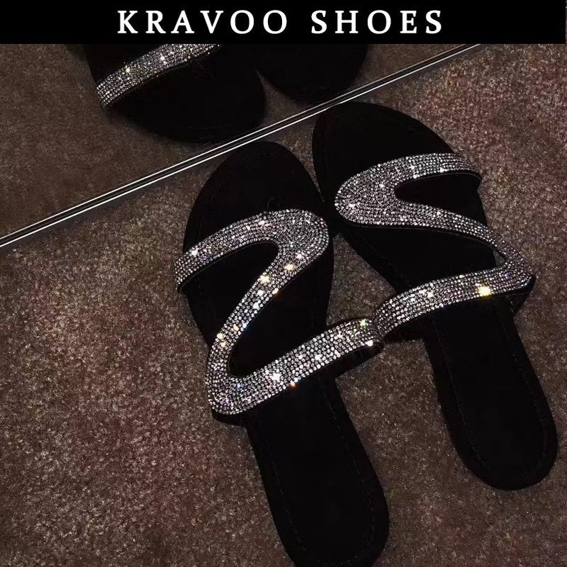 Women Shoes Z-shaped Rhinestone Beach Sandals Flip Flops Slippers Women Plus Size