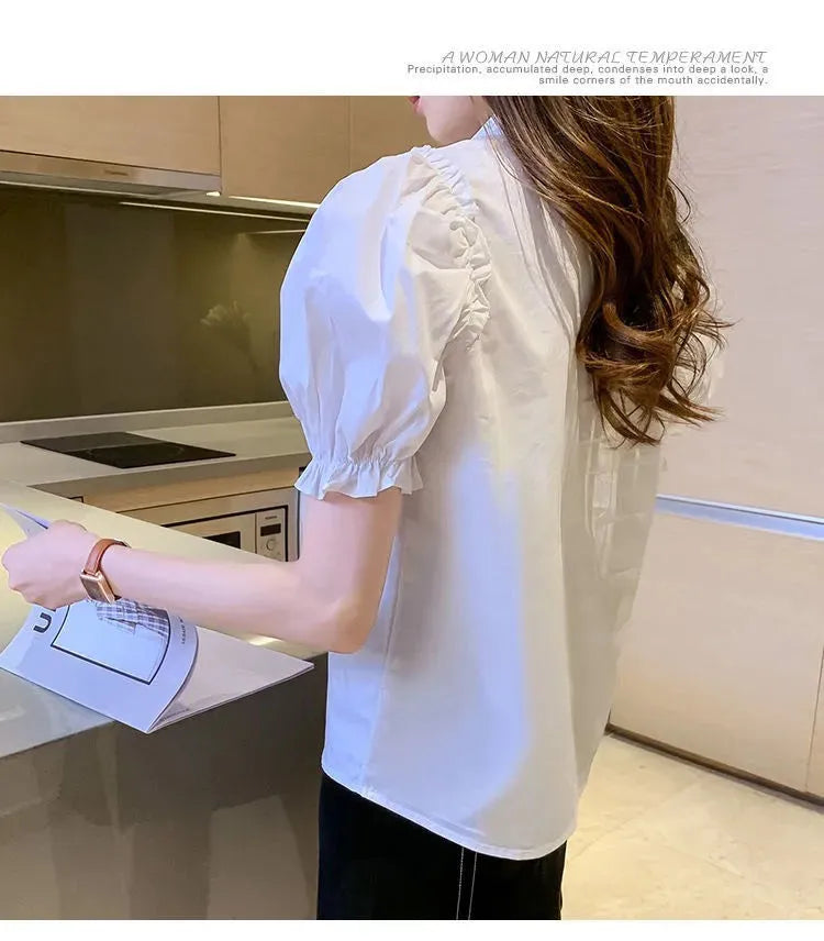 Summer Chiffon Shirt Short-sleeve Button Up Blouse Women's Office Tops Solid Color Polo Collar White Black Shirts Blusas Mujer