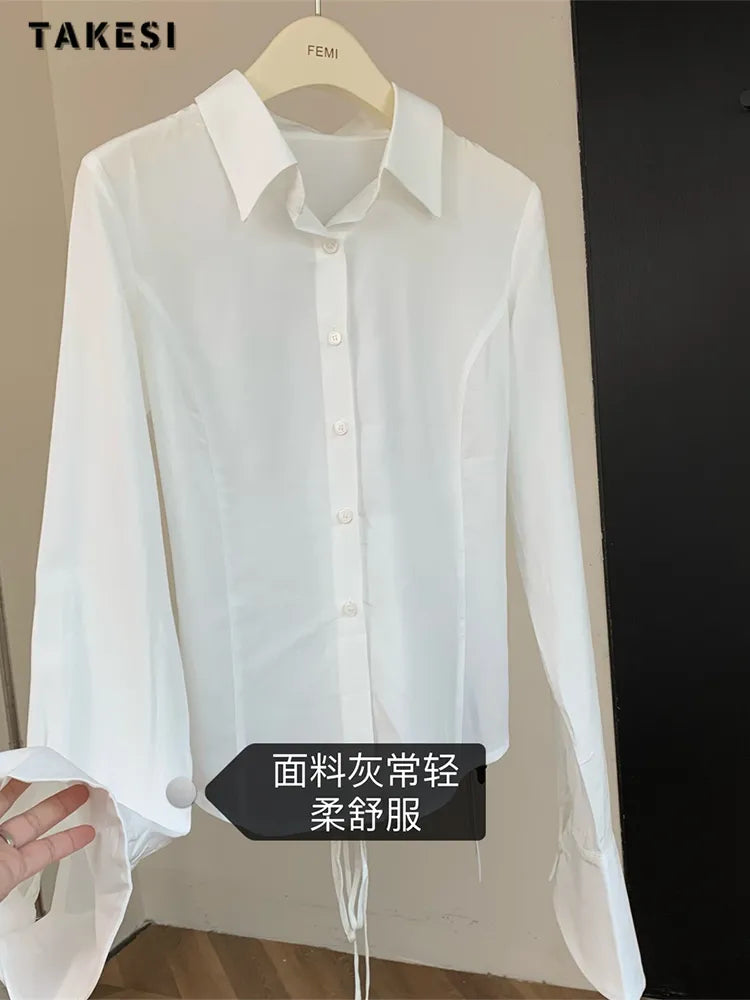 Hot Girl Sexy  Slim White/ Black Chiffon Shirt Turn-down Collar Flare Sleeve Tunic Bandage Design Blouses