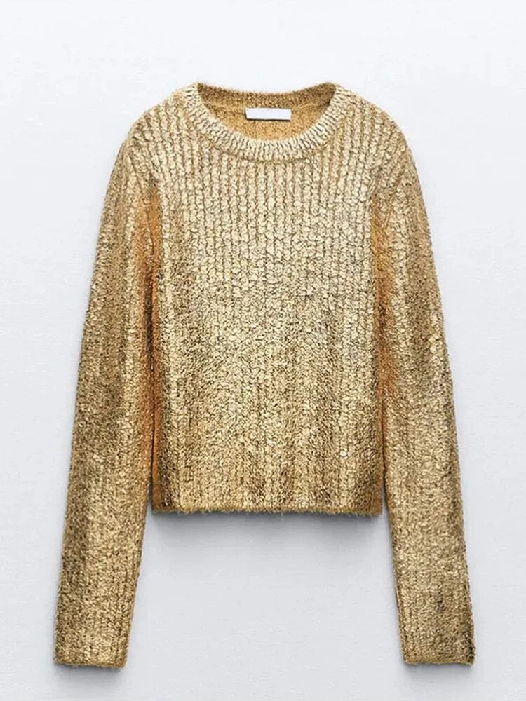 Shiny Gold O Neck Sweater Women Autumn Winter Causal Ribbed Long Sleeve Knit Pullover Elegant Streetwear Loose Lady