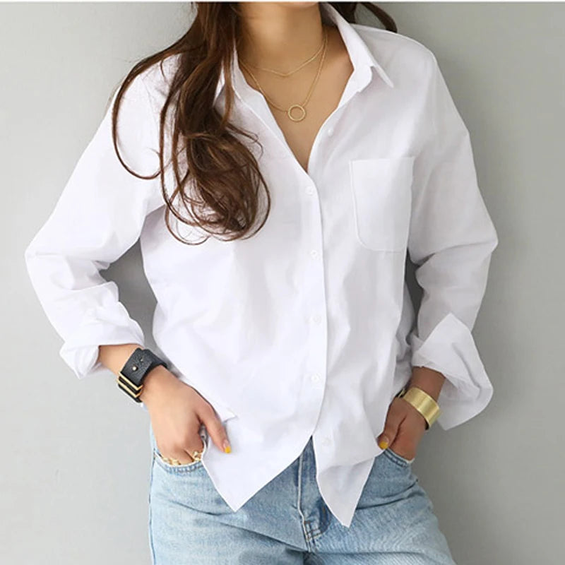 White Shirt Long Sleeve Casual Turn Down Collar Workwear Office Lady Buttons Soft Solid Feminine Top Fashion New