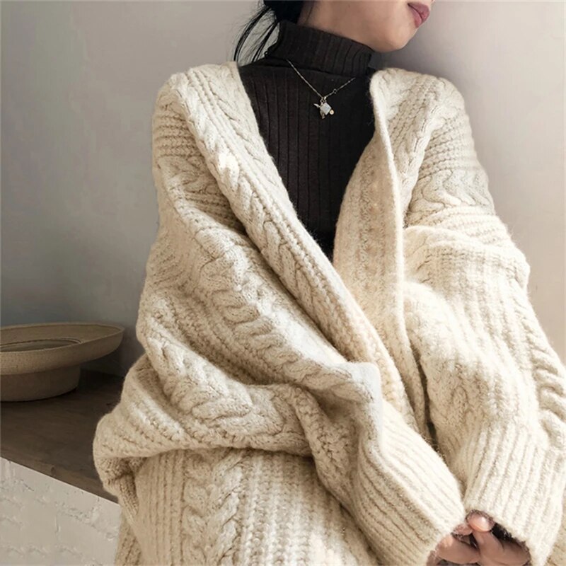 Women Coat Thicken Warm Loose Long Cardigan Coat Knit Solid Long Sleeve Sweater Coat Streetwear Women Autumn Winter
