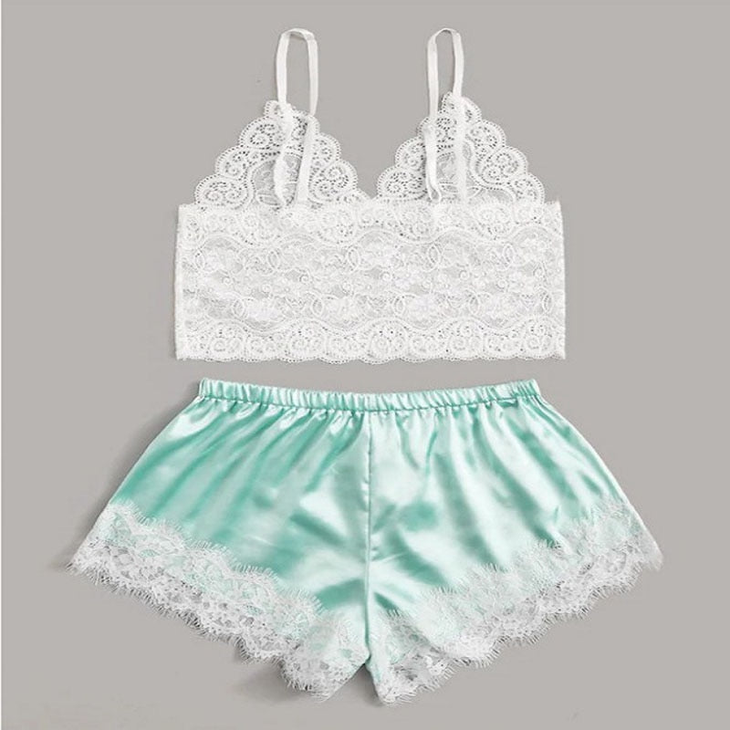 Summer Pajamas Silky Sling Sexy Lace Satin Sleeveless Camisole V Neck Halter Top Shorts Sleepwear