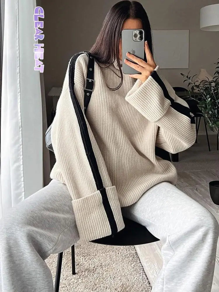 Fashion Patchwork Sweater For Women Autumn Loose Sleeve Knitted Pullover Female Elegant Lady Chic Knitwear