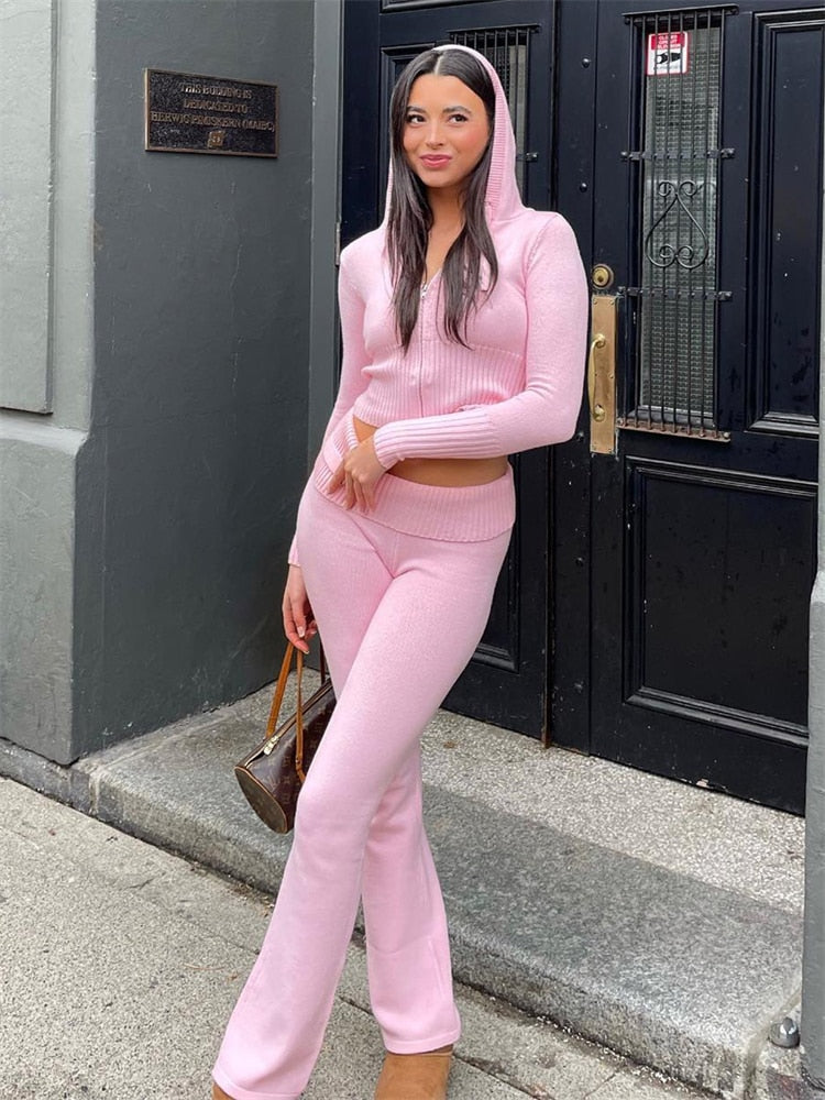 Women Outfits Casual Zipper Sweater Hoodie Set Flare Pants Suits Pink Knitted Womens Y2k Two Piece Set