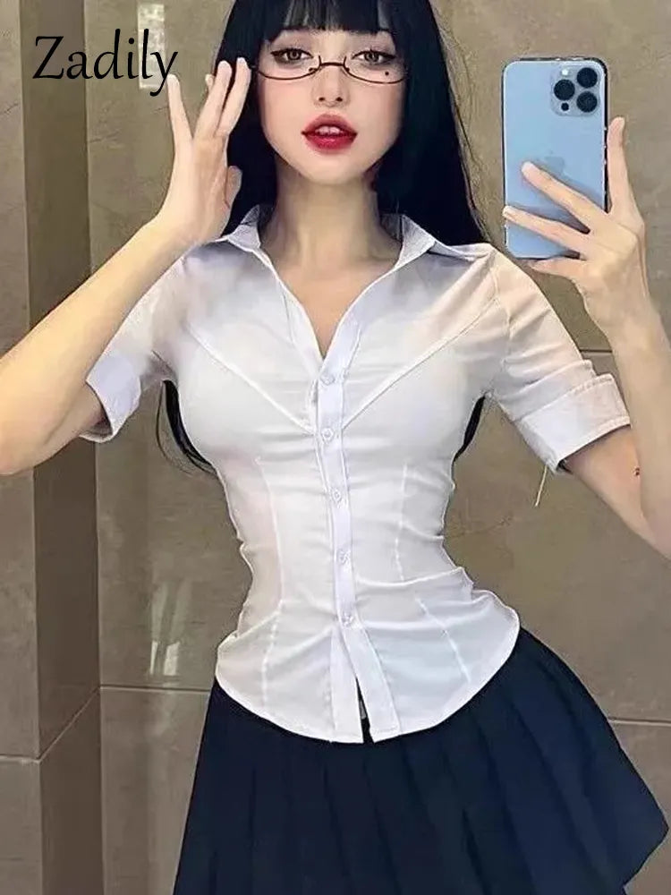Summer Sexy Slim Short Sleeve White Shirt Women Button Tie Ladies Blouse Office Cosplay New Female Clothing Tops