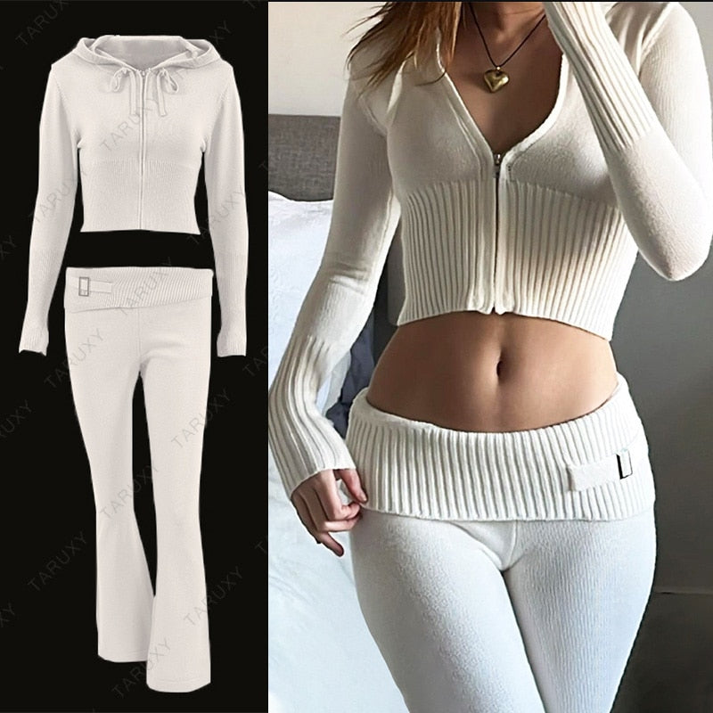 Women Outfits Casual Zipper Sweater Hoodie Set Flare Pants Suits Pink Knitted Womens Y2k Two Piece Set