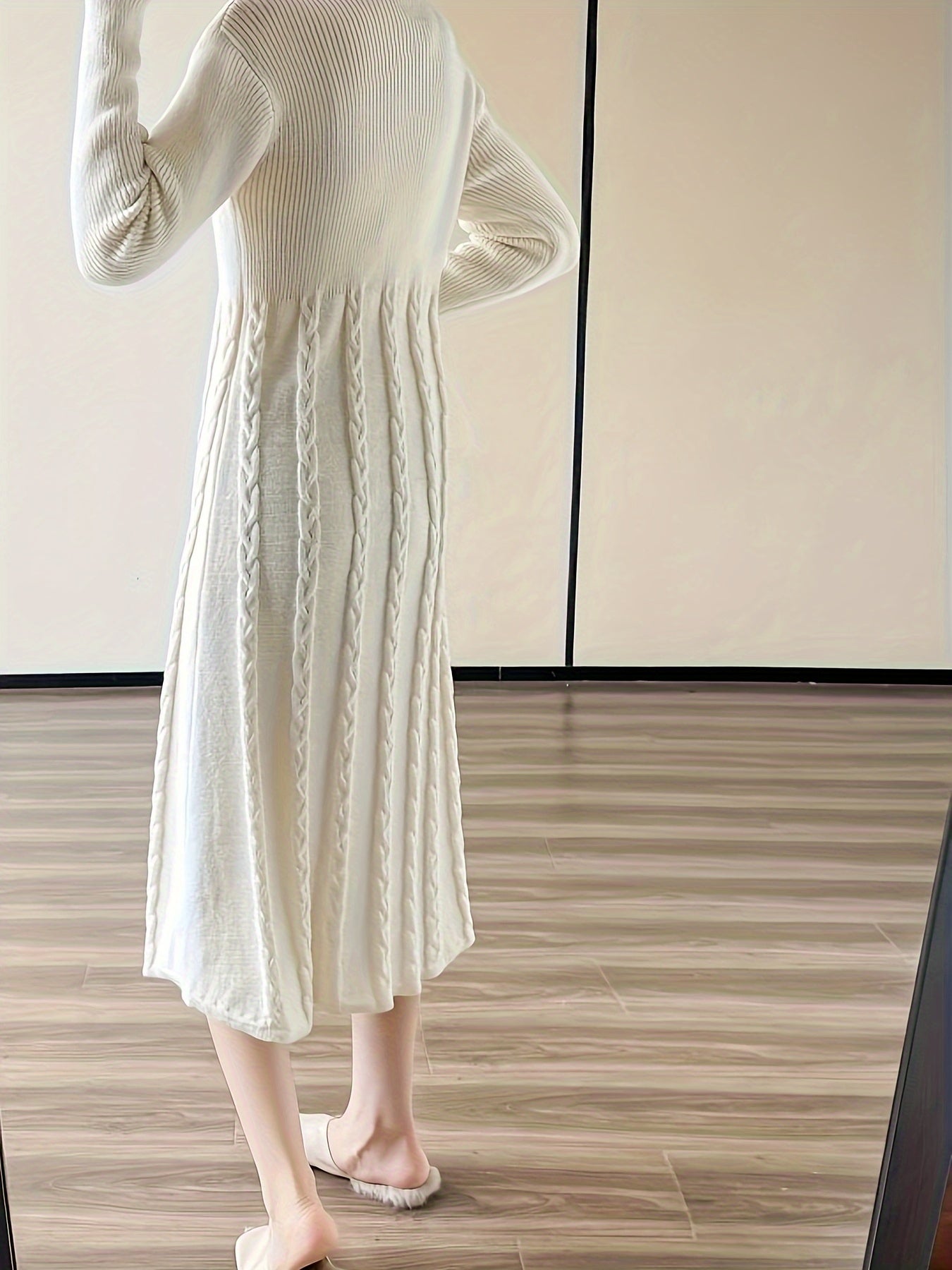 Elegant Long Sleeve Turtleneck Knit Dress - Chic Cable Twist Design, Perfect for Fall/Winter