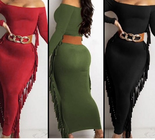 Casual Streetwear Sexy Off Shoulder Tassel Side Long Bodycon Dress For Women New  Female