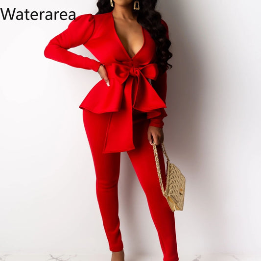 Full Sleeve Ruffles Bow Blazers Pants Suit