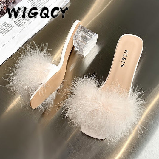 Fluffy Peep Toe Sexy High Heels Women Shoes Fur Feather Lady Fashion Wedding Slip-On Square Toe Women Sandals