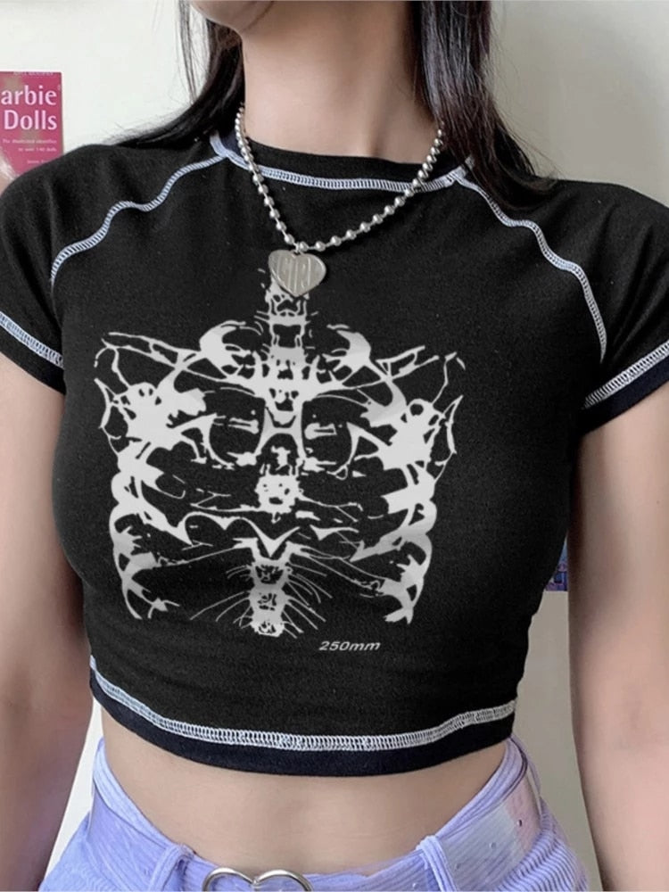 skeleton women's T-shirt Harajuku Y2K black sweet girl slim skull print fun vintage crop top E-girl