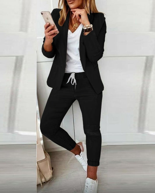 Women Suit 2-piece Jacket + Pants Set New Fashion Casual Turn-down Collar Long Sleeve Blazer Set Office Lady