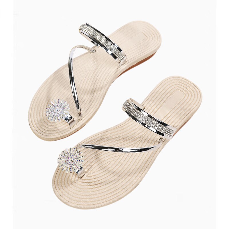 Flat Sandals Women Dressy Summer Sparkly Rhinestone Slide Shoes Women's Bling Trendy Ladies Sandals