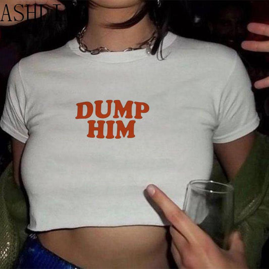 Slim Crop Tops Women Dump Him Letter Print Cute Baby Tees Y2K Streetwear O-neck Short Sleeve Emo Tops