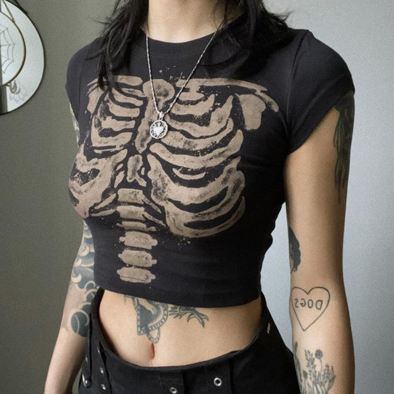Fashion New Short-sleeved T-shirt Female Skeleton Print Design Tops