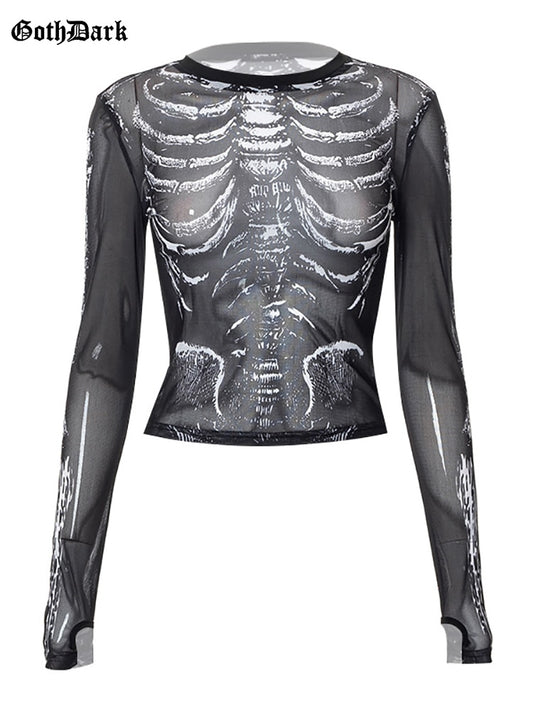 Goth Dark Skeleton Print Mesh Gothic Women T-shirts Grunge Aesthetic See Through Sexy Crop Tops Emo Black e-girl Alt Clothes